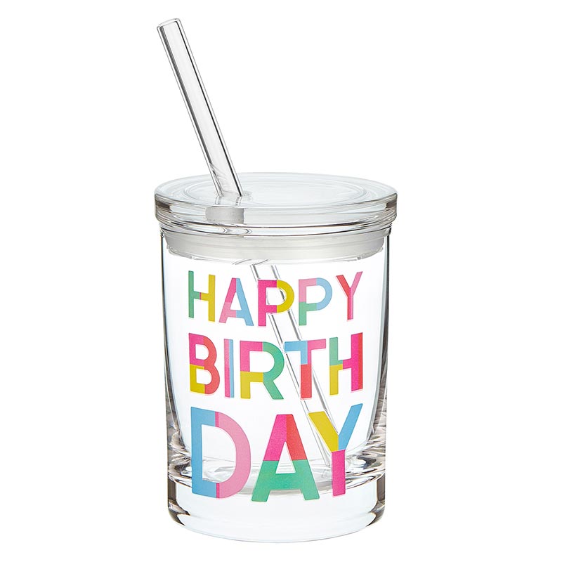 Block Happy Birthday Glass With Lid