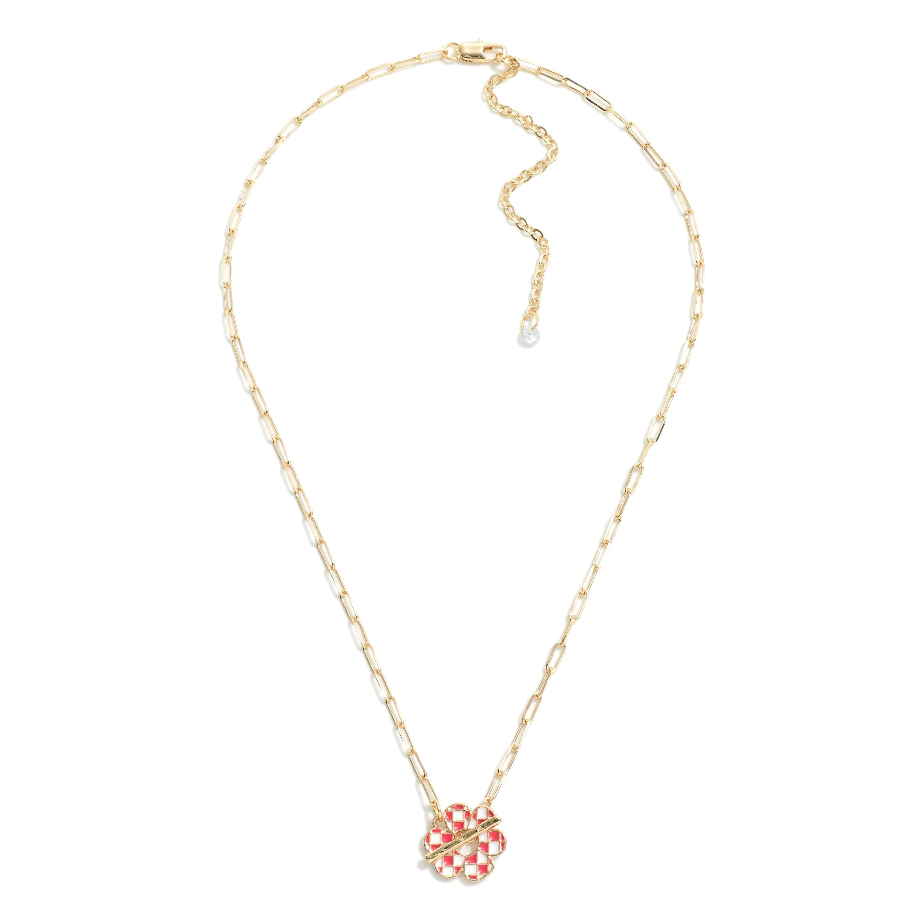 Checkered Enamel Flower Charm Necklace With Toggle Clasp Gold