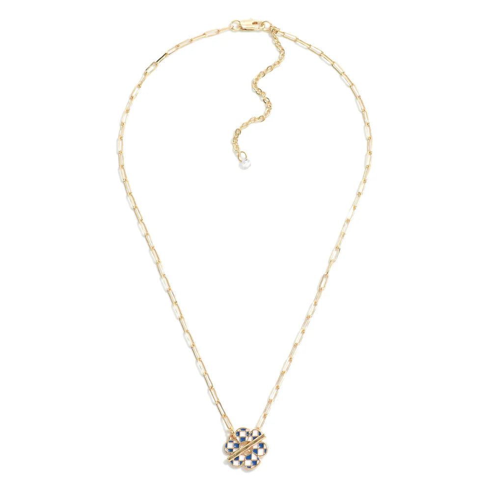 Checkered Enamel Flower Charm Necklace With Toggle Clasp Gold