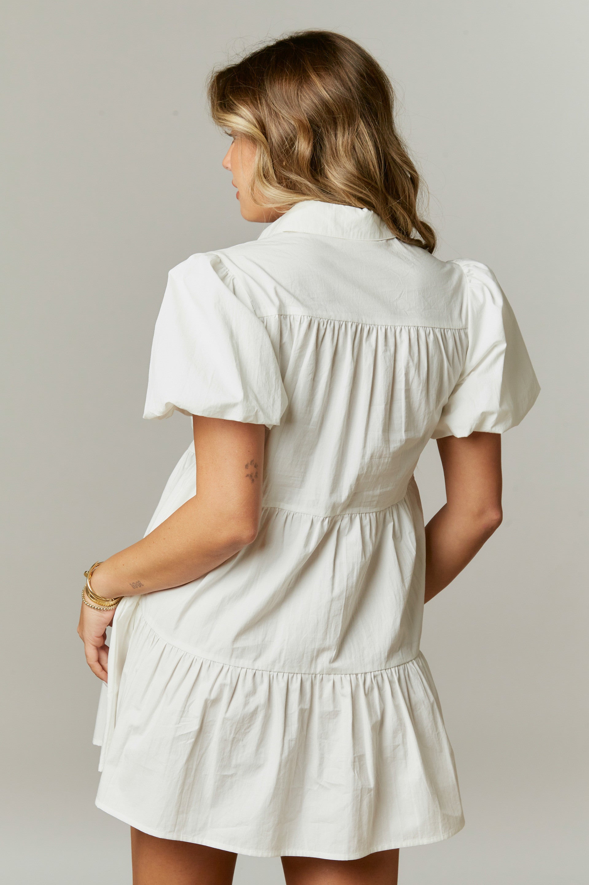 POPLIN SHIRT DRESS W SEQUIN STAR PATCHES - OFF WHITE