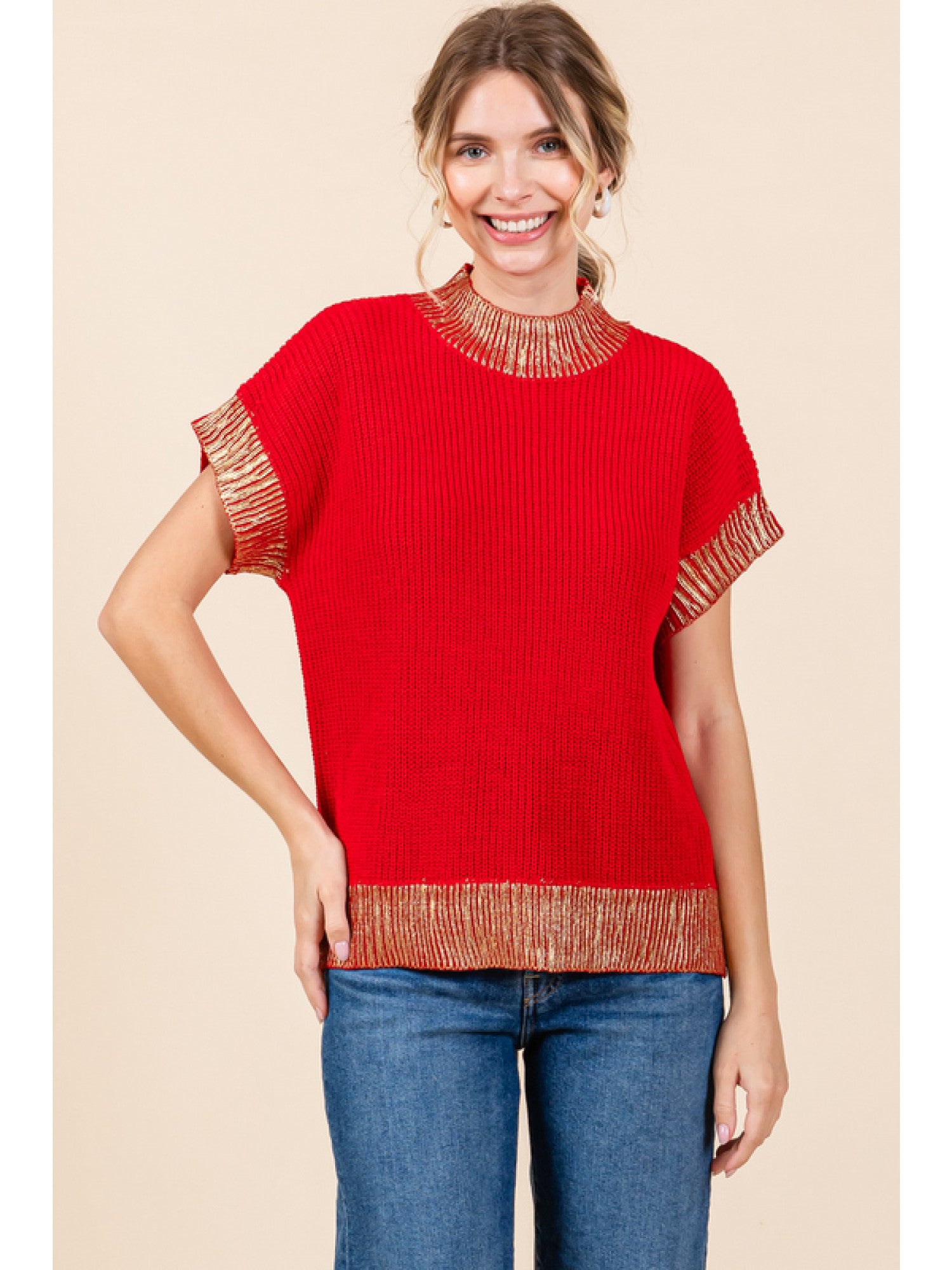 Metallic Detail Solid Knit Top Tomato Red