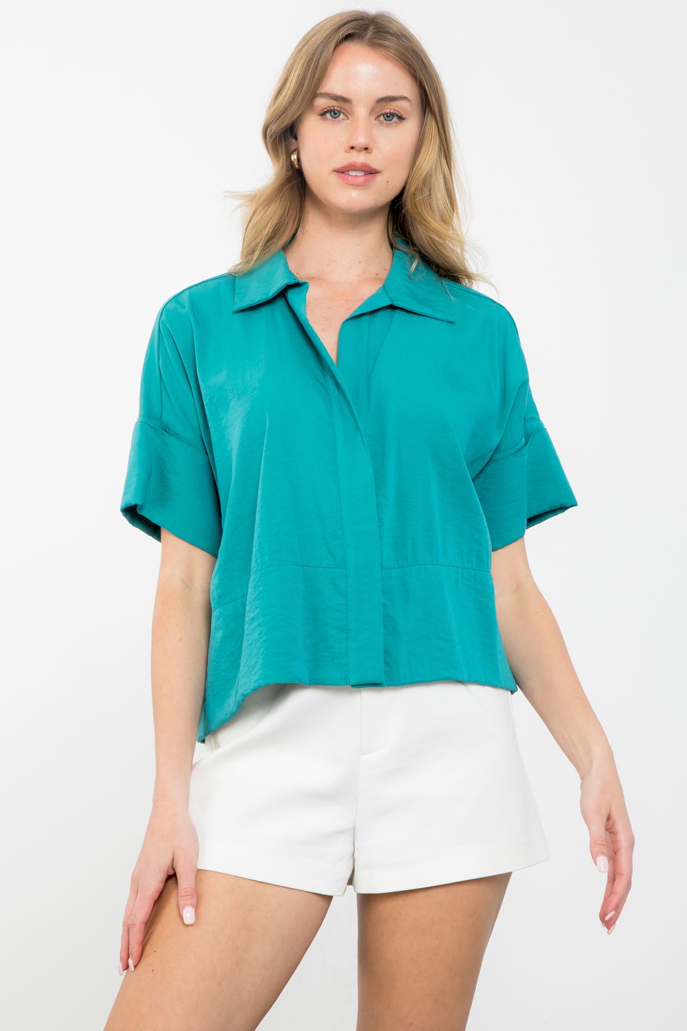 Short Sleeve Button Up Top Teal