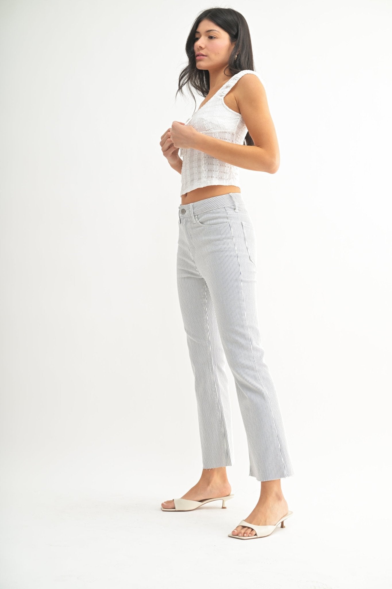 High Rise Tonal Crop Flare Jeans Navy Stripe - Beau Kisses