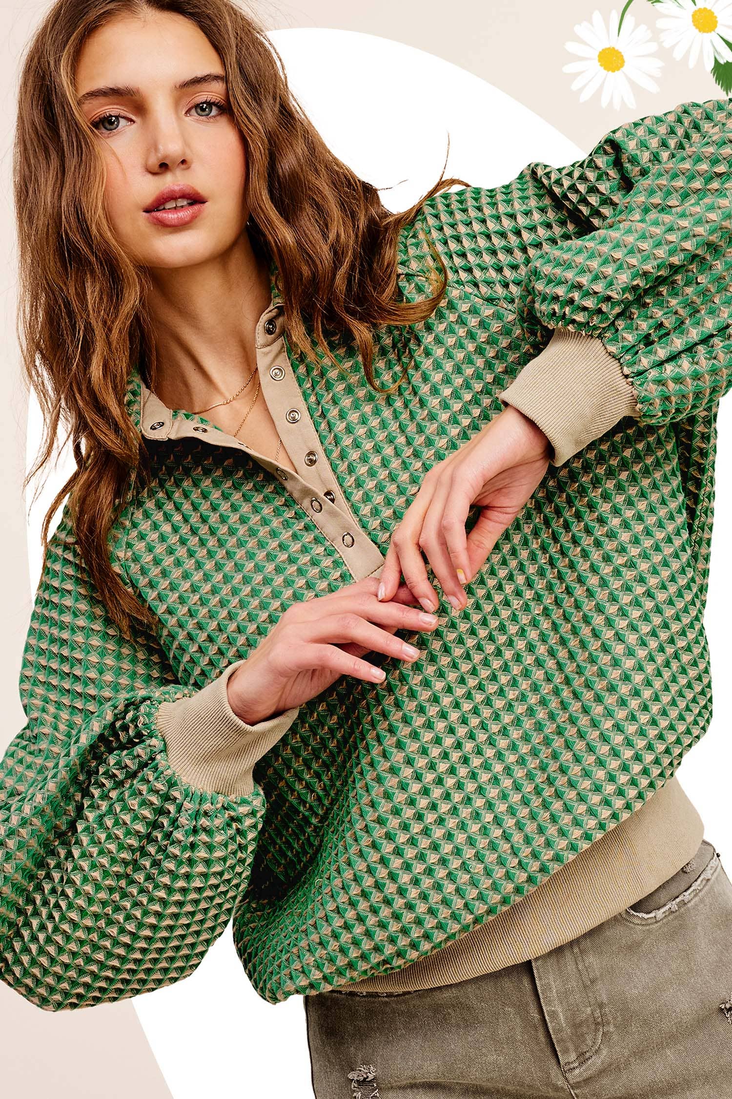 Two Tone Textured Snap Button Blouse Matcha