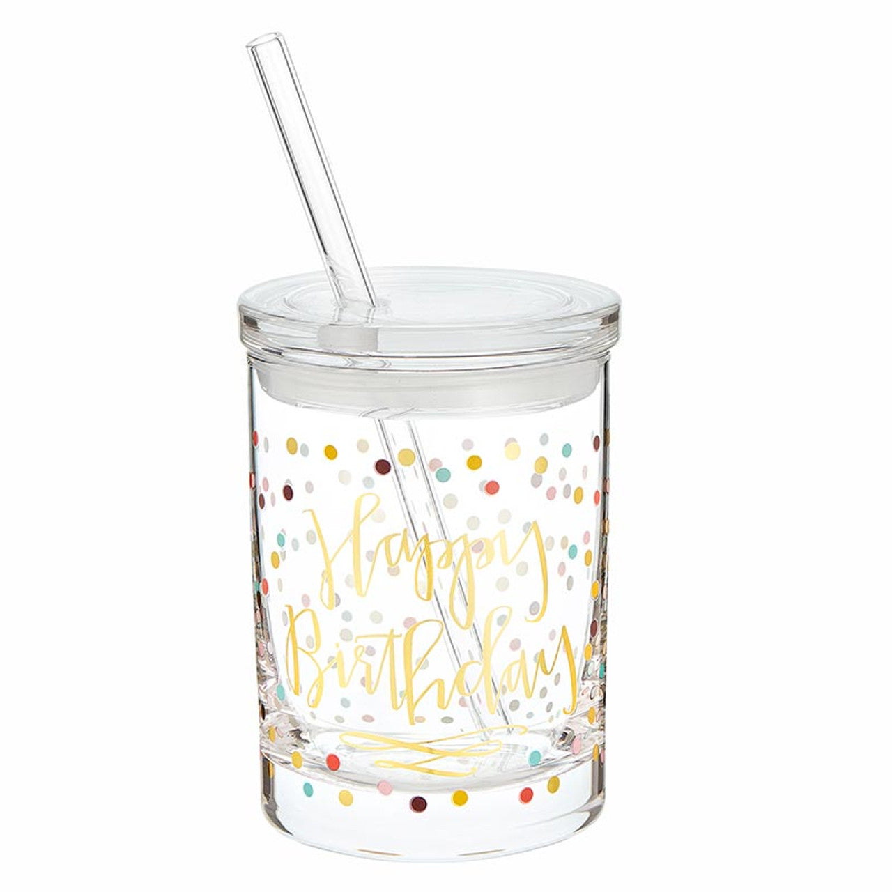 Happy Birthday Dots Glass With Lid