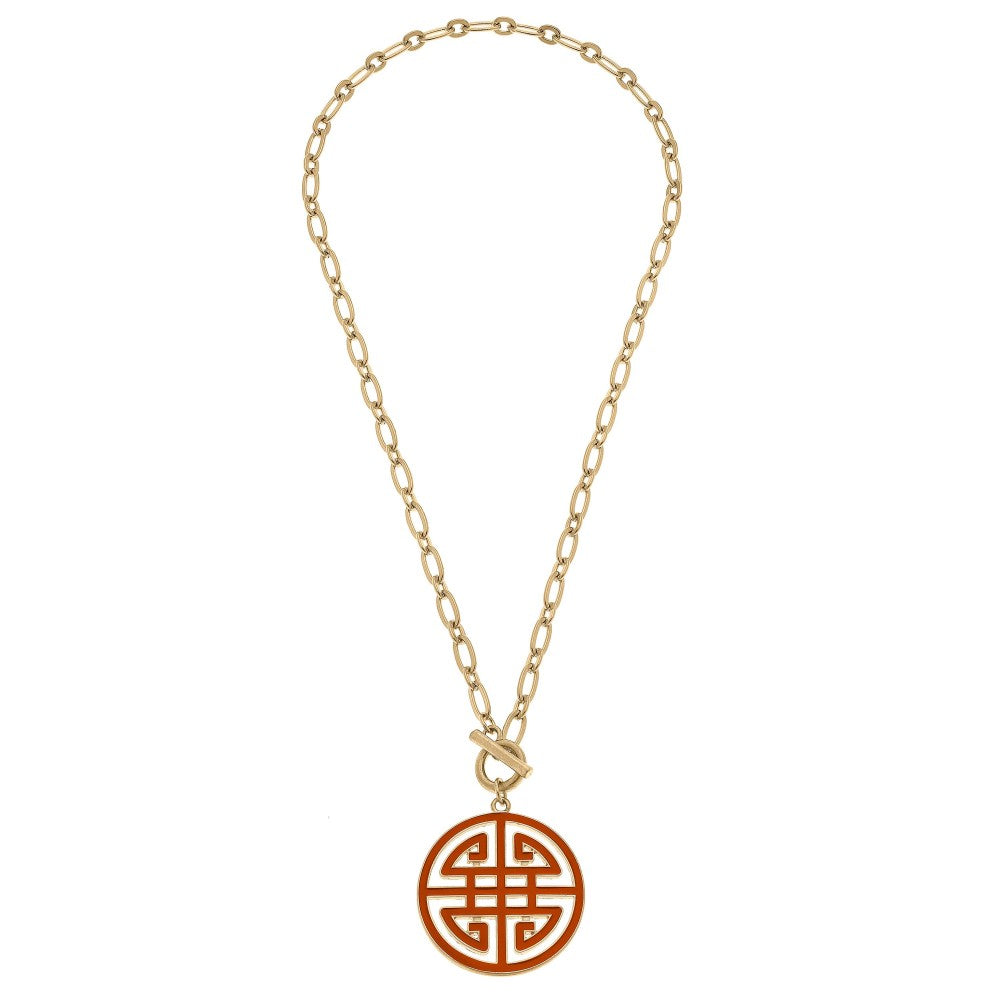 Camille Chain Link Necklace Enamel Greek Keys Pendant. Burnt Orange18"