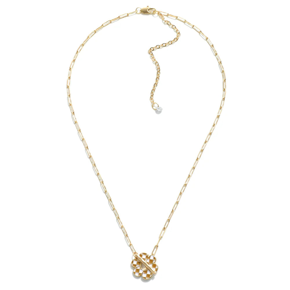 Checkered Enamel Flower Necklace With Toggle Clasp