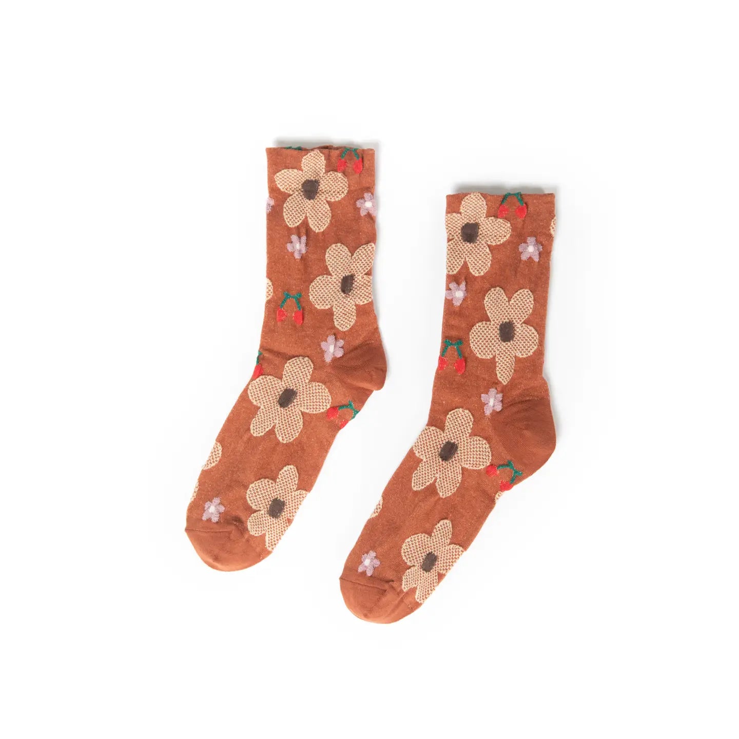 Cherry and Floral Printed Texture Crew Socks