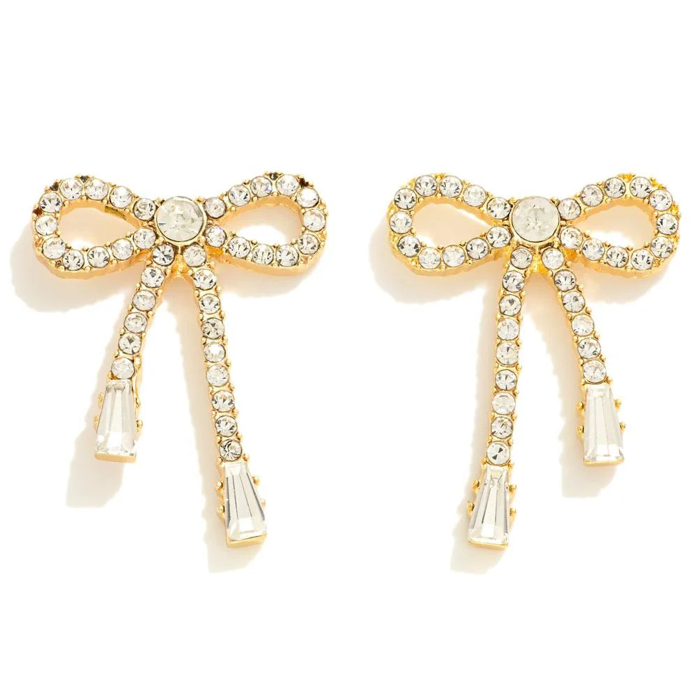 Rhinestone Studded Bow Drop Earrings Gold