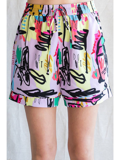 Print Shorts W Drawstring Waistline Cuffed Hems - Lavender Mix (ONLINE ONLY) - Beau Kisses