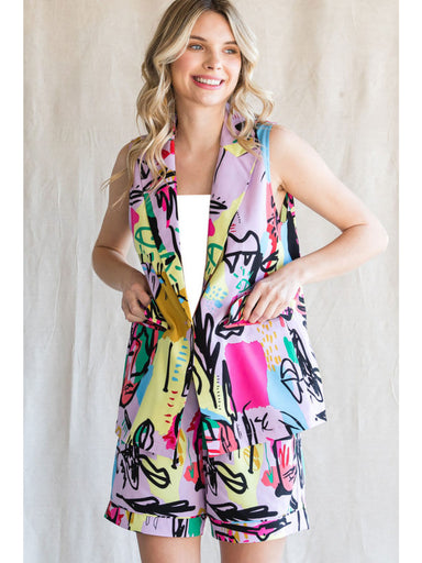 Print vest W Collar & Front Flap Pockets - Lavender Mix - Beau Kisses