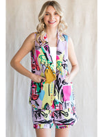 Print vest W Collar & Front Flap Pockets - Lavender Mix - Beau Kisses