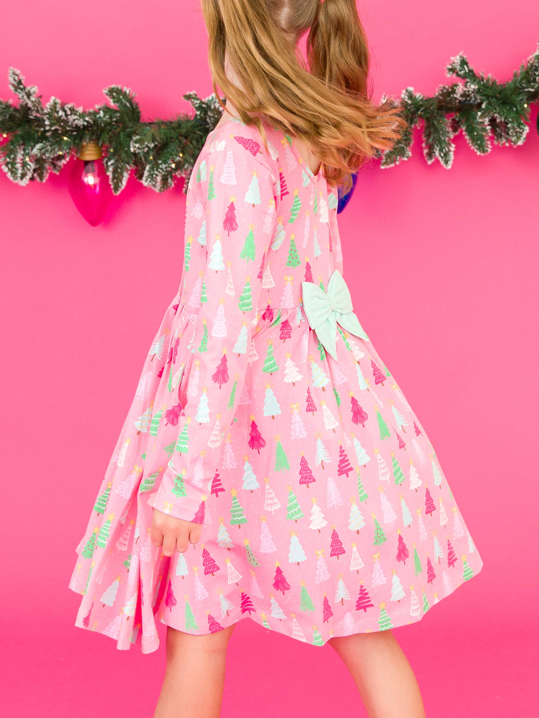 Girls Merry Pines Long Sleeve Twirl Dress Pink