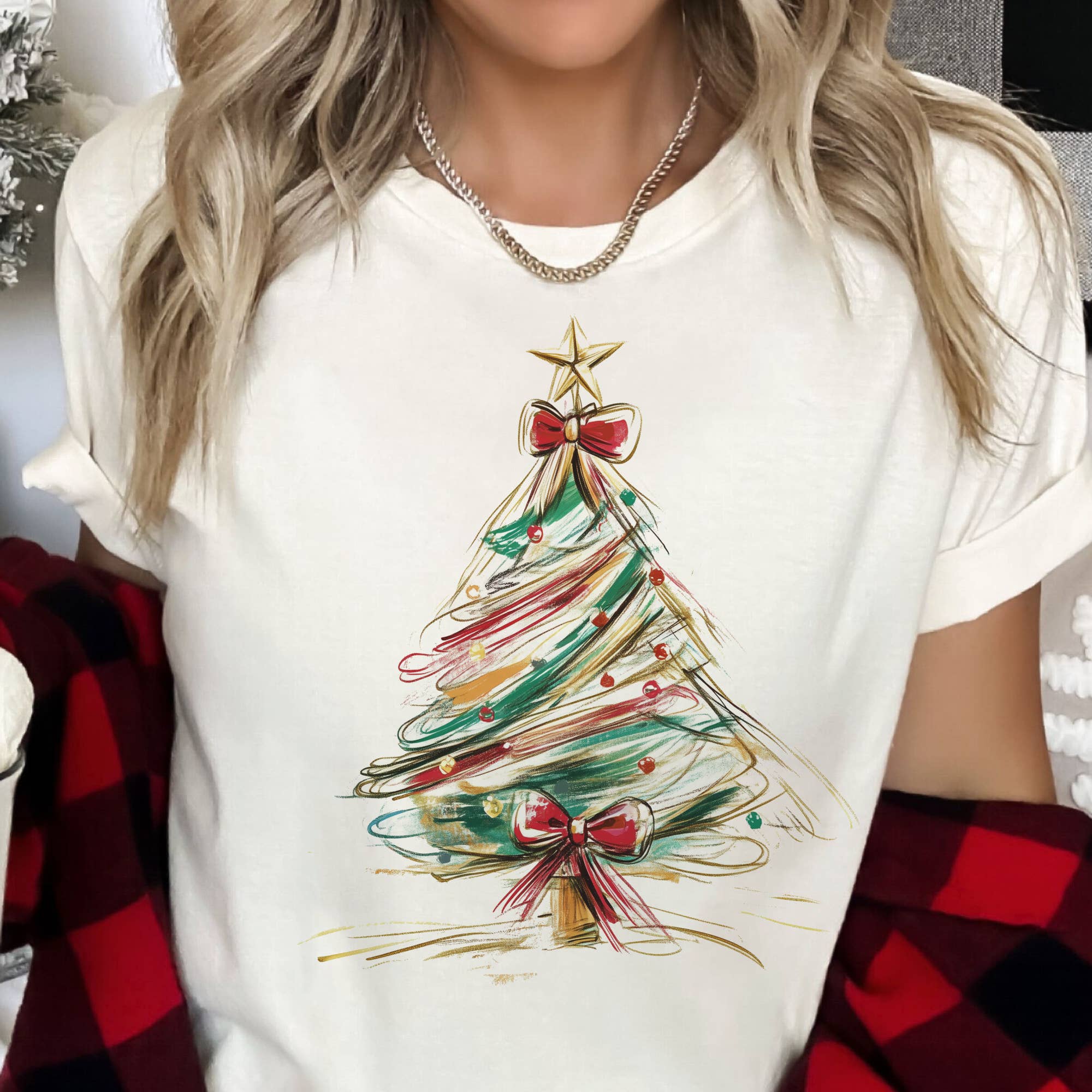Whimsical Christmas Tree Graphic Tee Cream - Beau Kisses