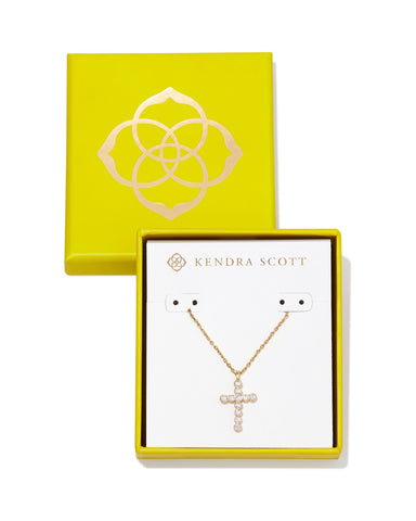 Boxed Cross Crystal Pendant Necklace Gold Metal White CZ - Beau Kisses