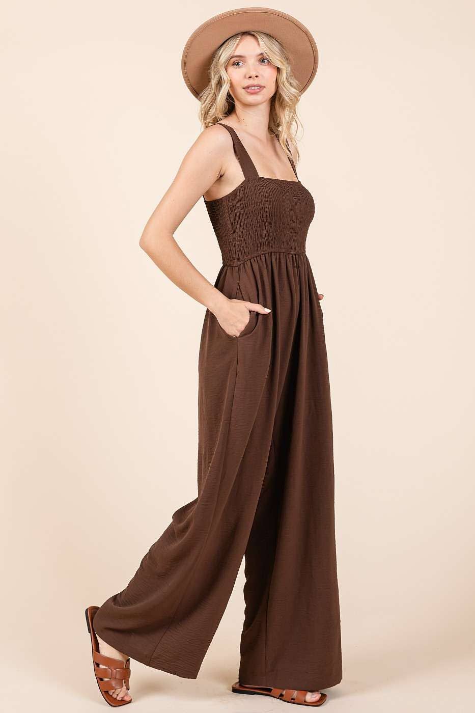 Airflow Smocked Sleeveless Wide Leg Jumpsuit Ash Brown