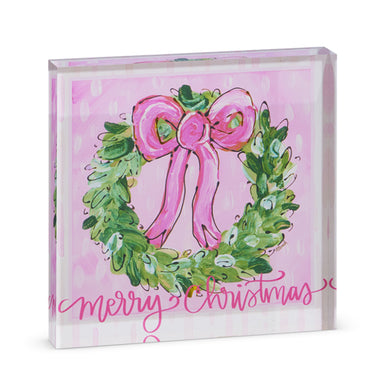 Pink Merry Christmas Wreath Acrylic Block 8" - Beau Kisses