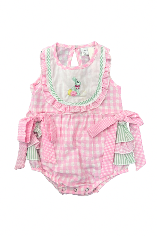 RUFFLE BUTT BABY ONESIE W EMBROIDERED BUNNY PINK
