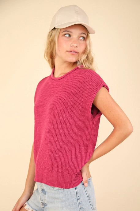 Oversized Soft Knit Sweater Vest Top Pink