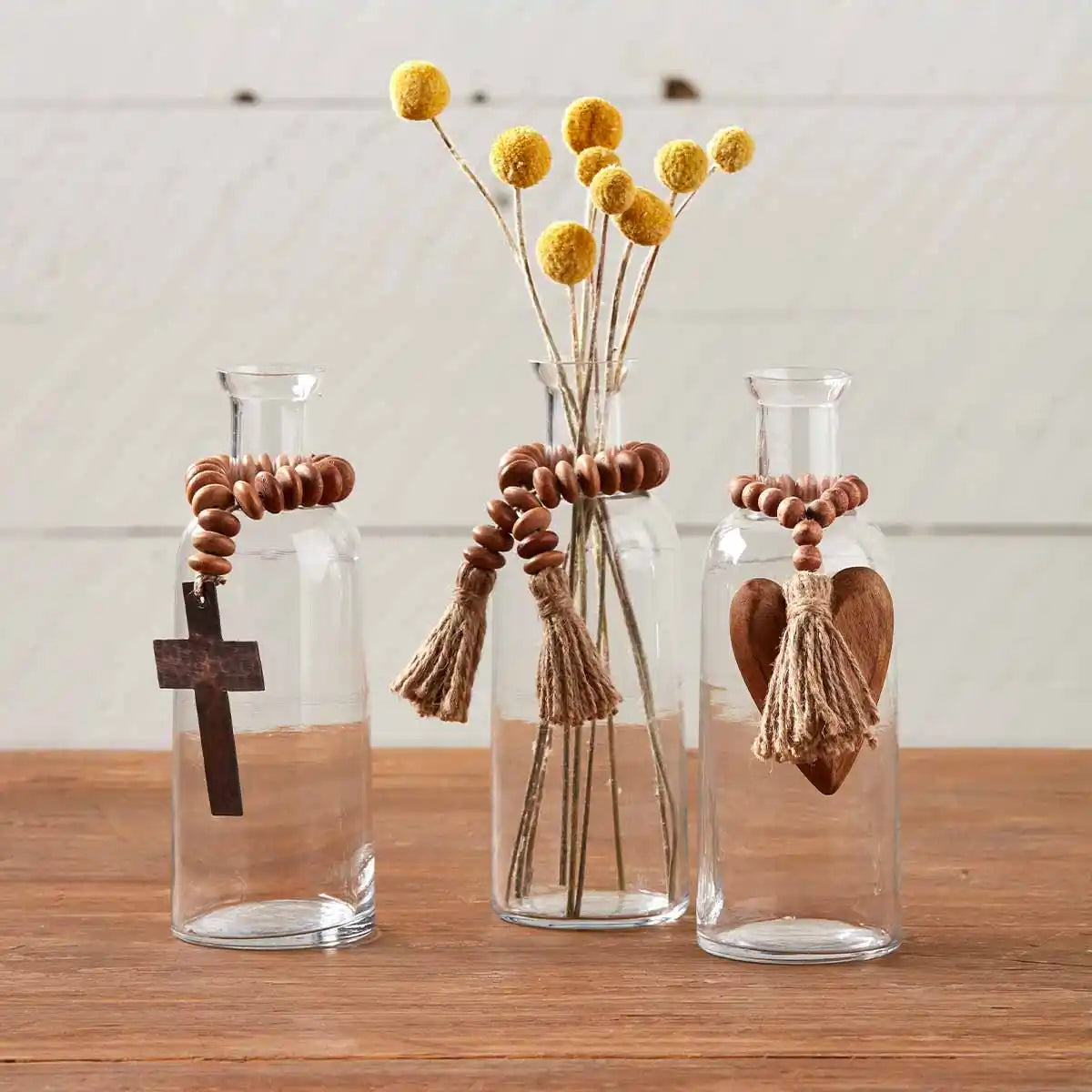 Cross Bud Vase With Wood Beads