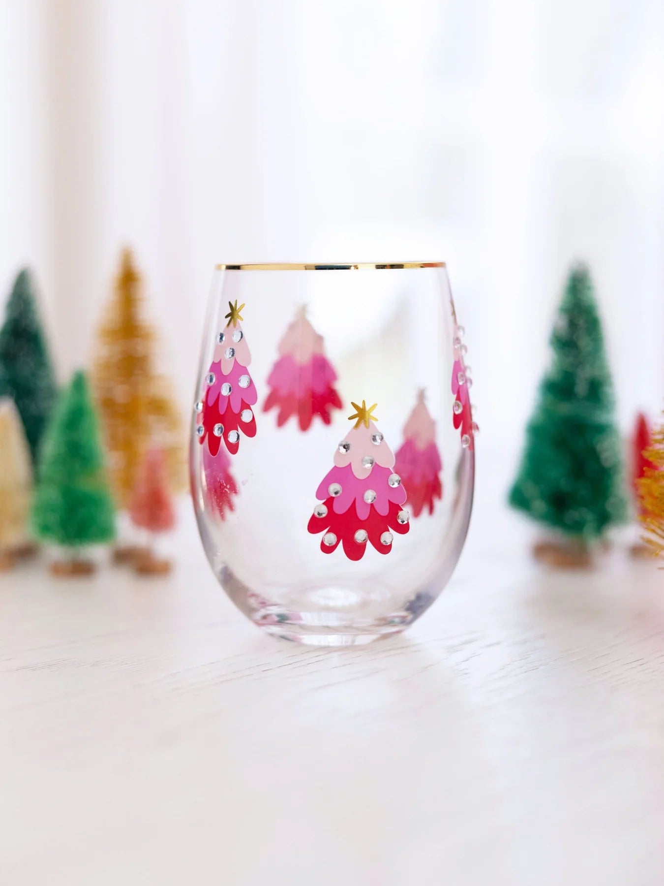 Stemless Wine Glass Small Pink Trees