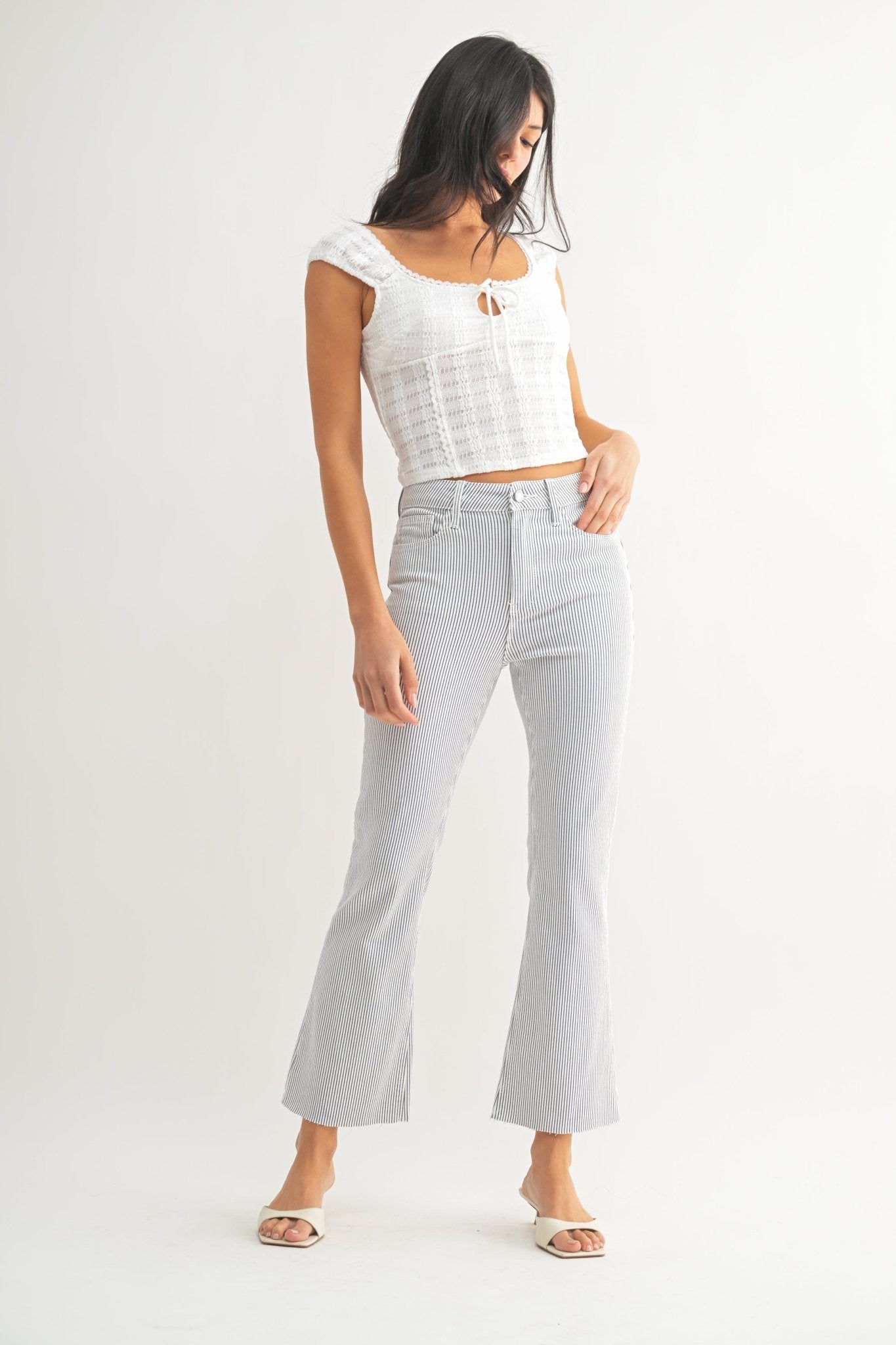 High Rise Tonal Crop Flare Jeans Navy Stripe - Beau Kisses