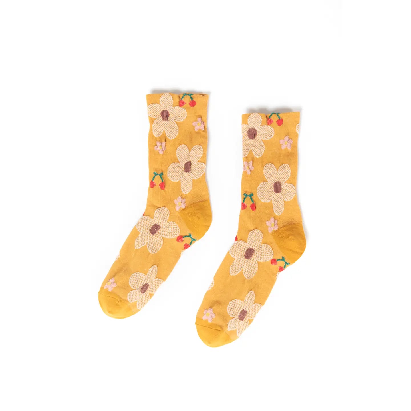 Cherry and Floral Printed Texture Crew Socks