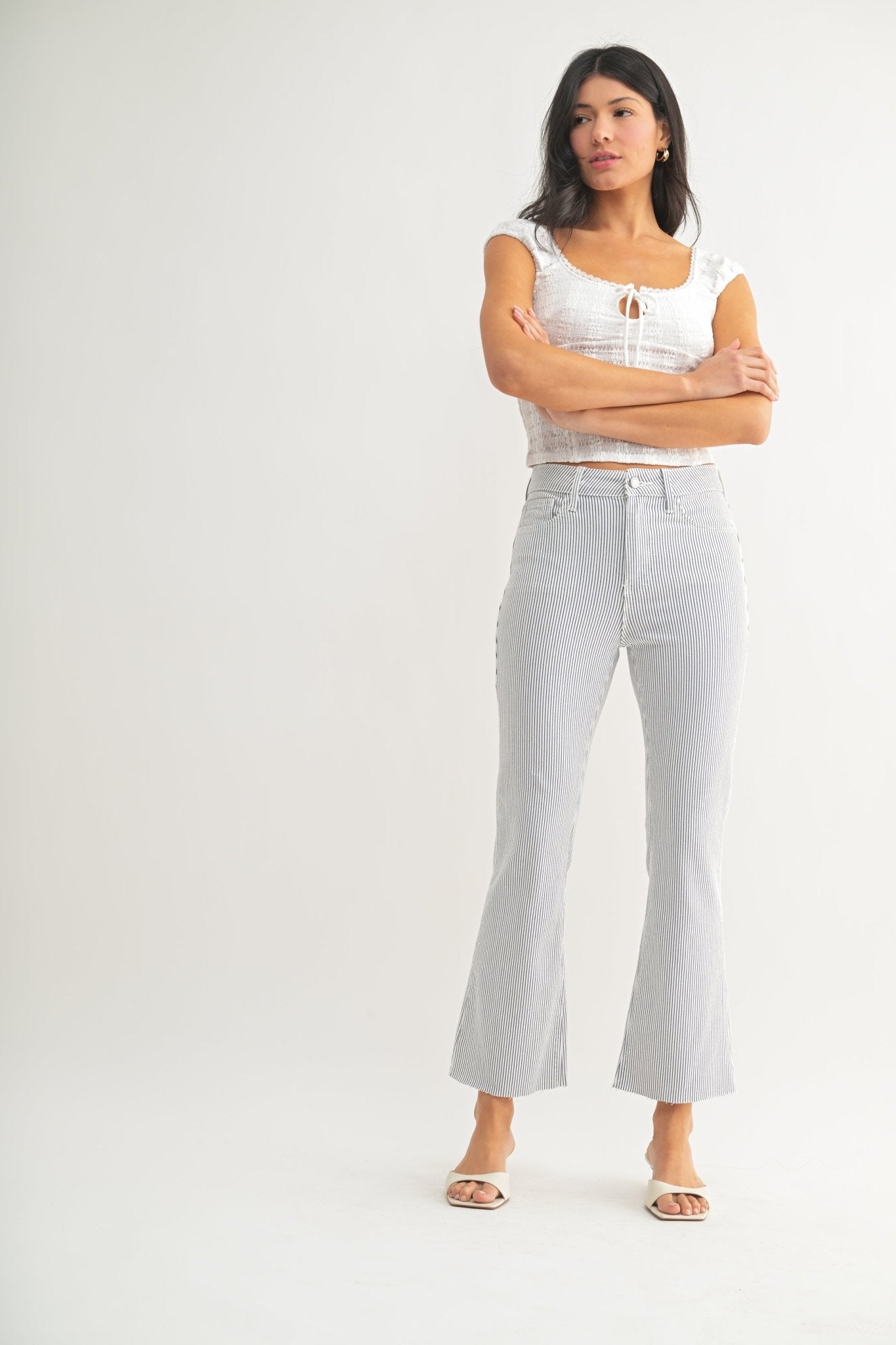High Rise Tonal Crop Flare Jeans Navy Stripe - Beau Kisses