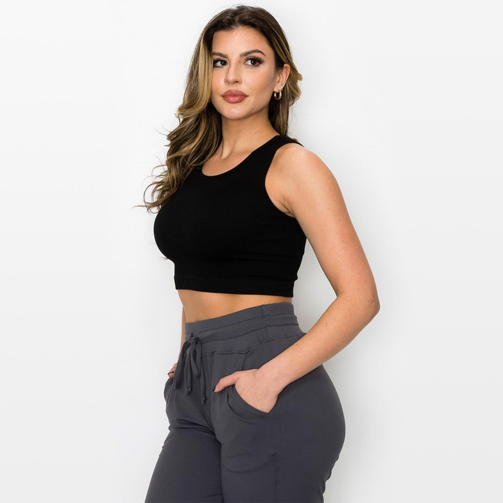 Ribbed High Neck Cropped Tank Top Black