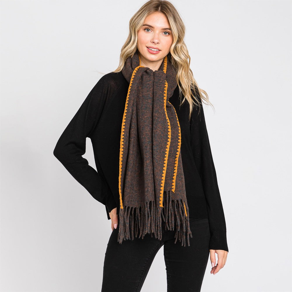 Tweed Knit Scarf With Contrast Thread Hem and Tassels