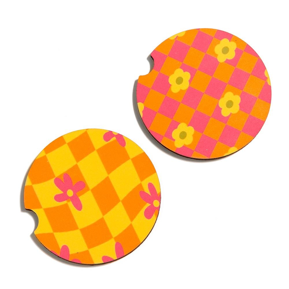 Checker Flower Printed Car Coasters 2 Pack