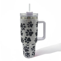 Rhinestone Studded Paw Print 40oz Double Wall Stainless Steel Vacuum Tumbler With Handle - Beau Kisses