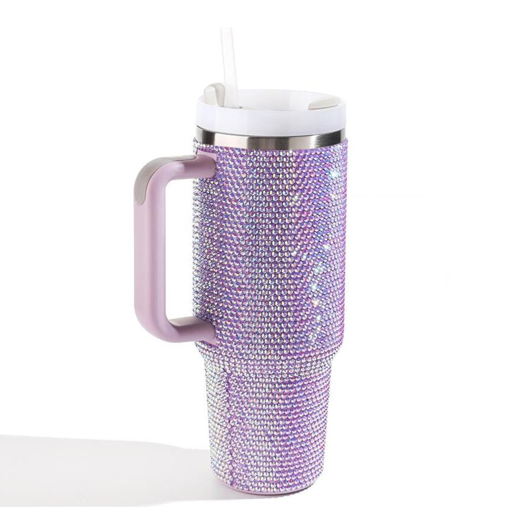 Double Wall Stainless Steel Vacuum Tumbler With Handle Purple Rhinestone