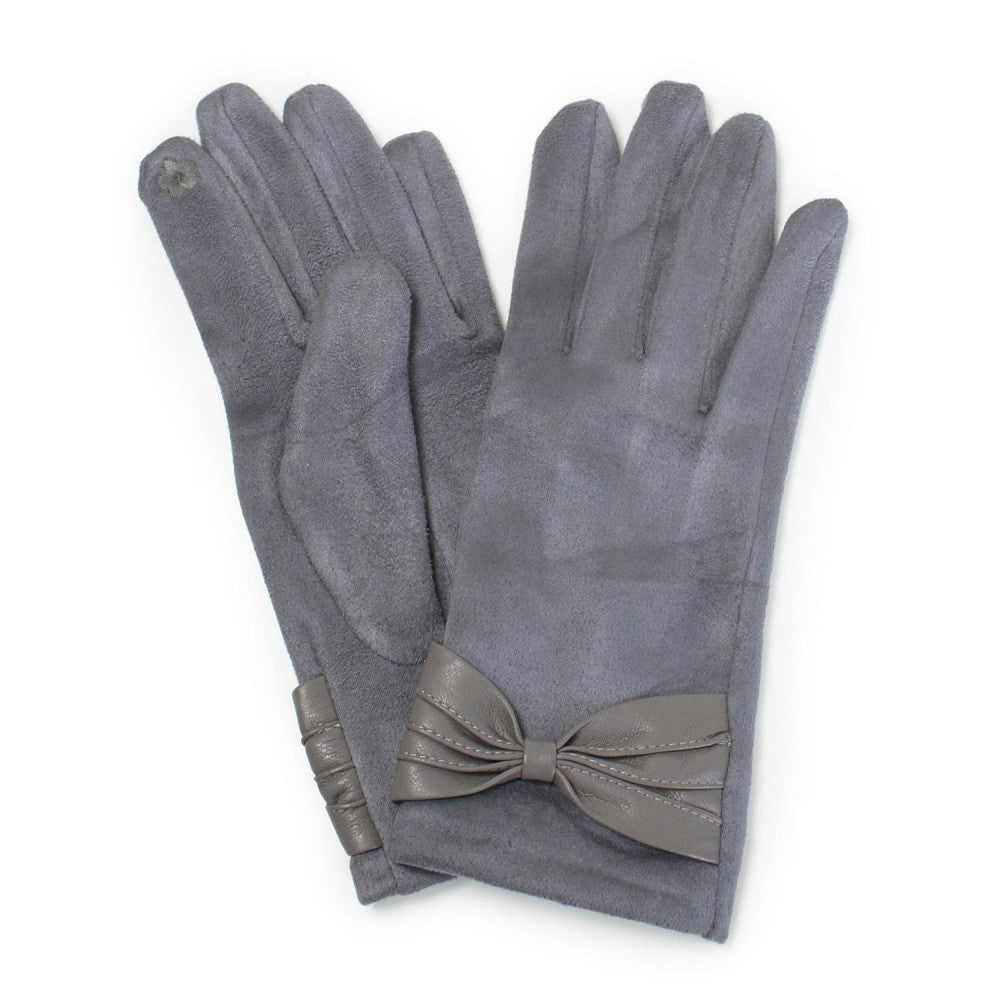 Faux Suede Gloves With Vegan Leather Bow Detail