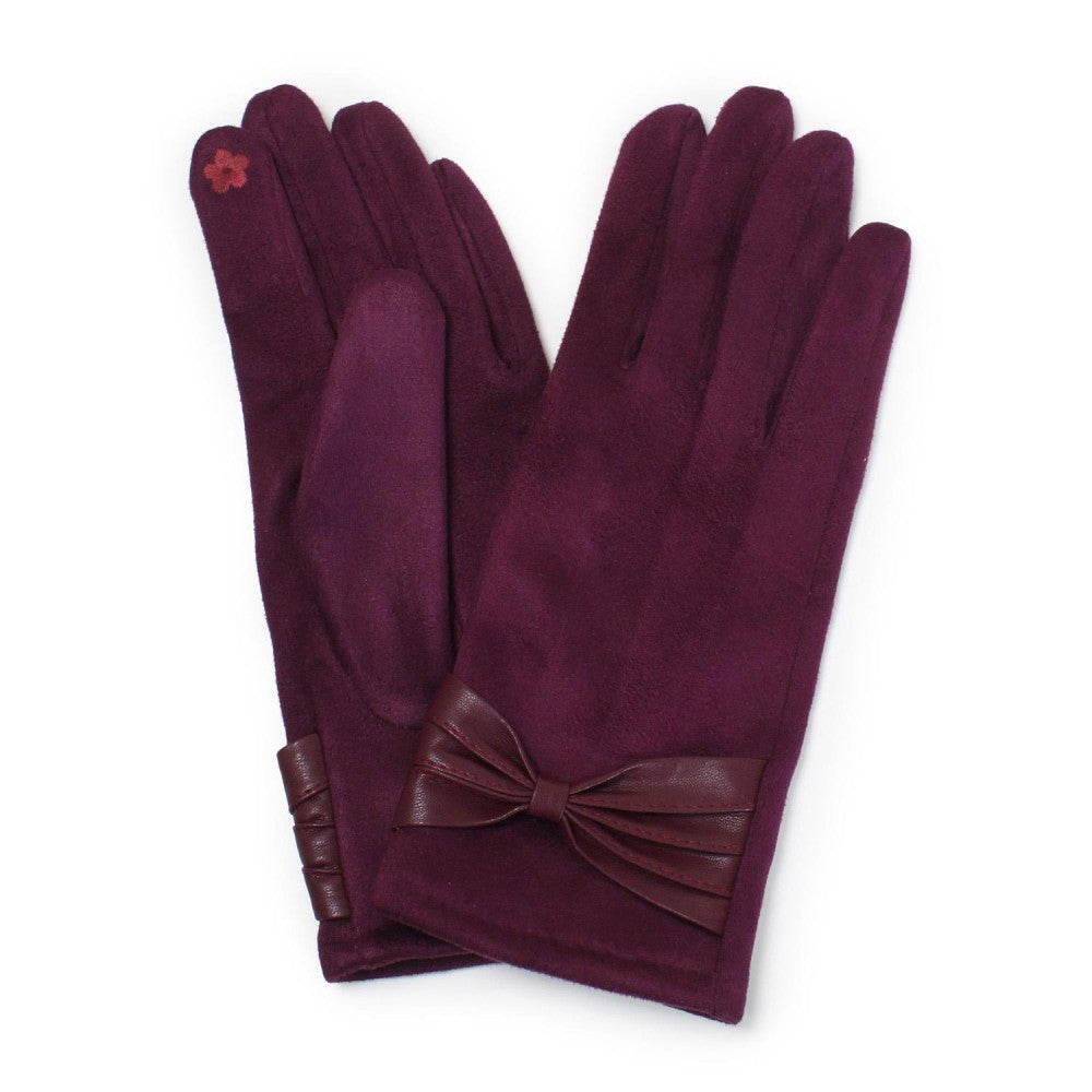 Faux Suede Gloves With Vegan Leather Bow Detail