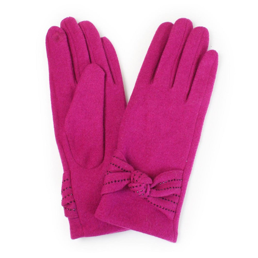 Faux Suede Gloves With Vegan Leather Bow Detail