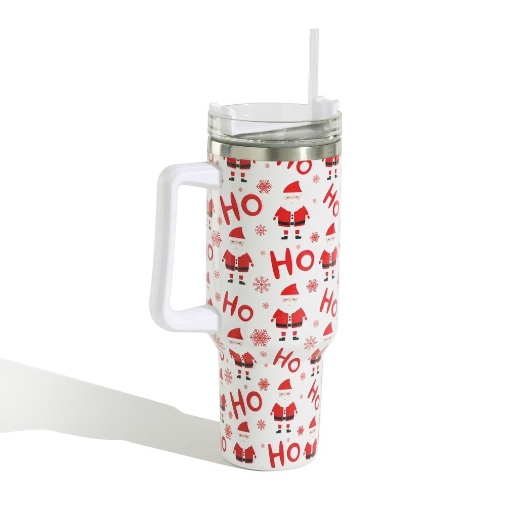 HO HO HO Santa Printed 40oz Double Wall Stainless Steel Vacuum Tumbler With Handle