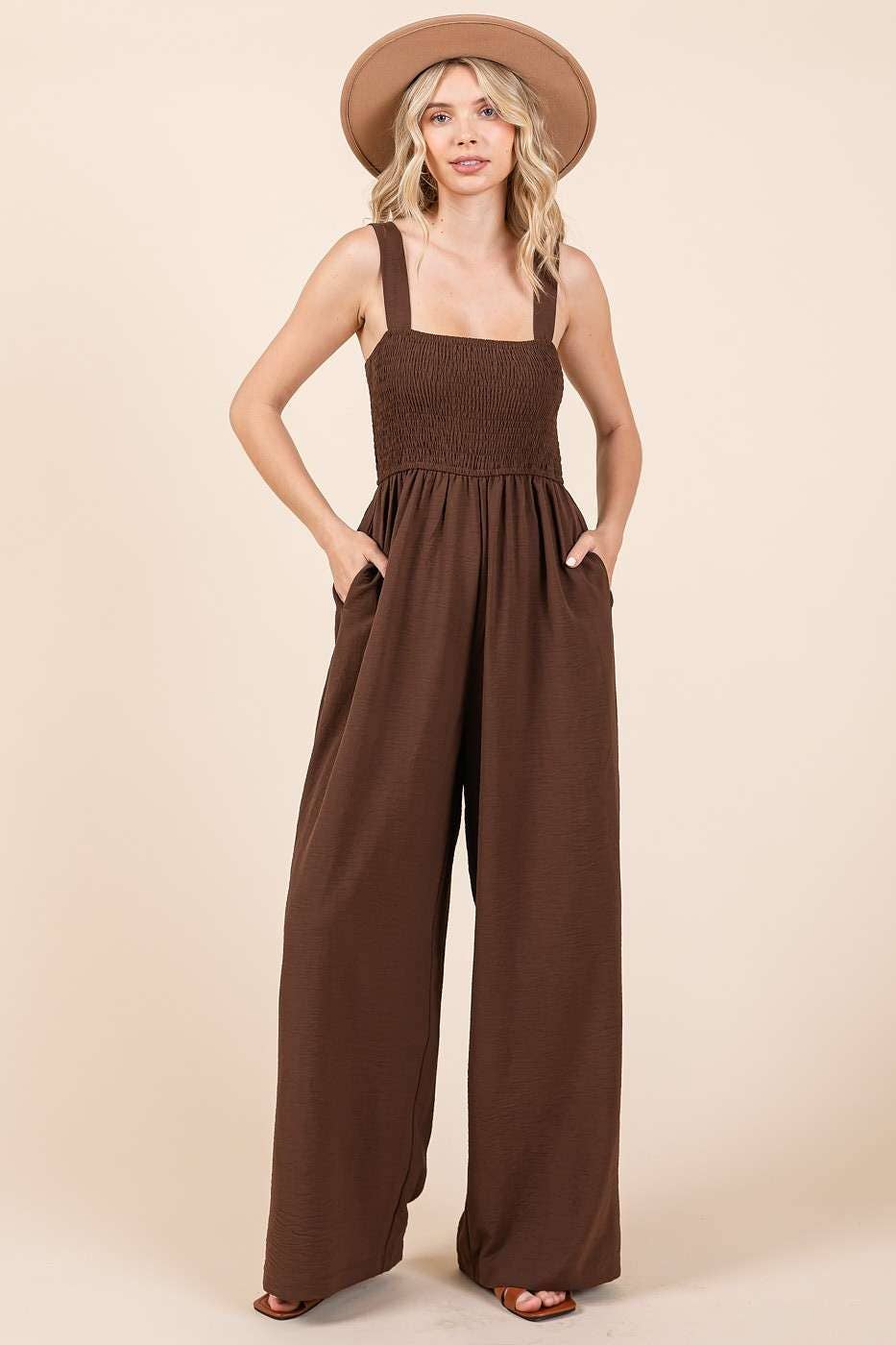 Airflow Smocked Sleeveless Wide Leg Jumpsuit Ash Brown