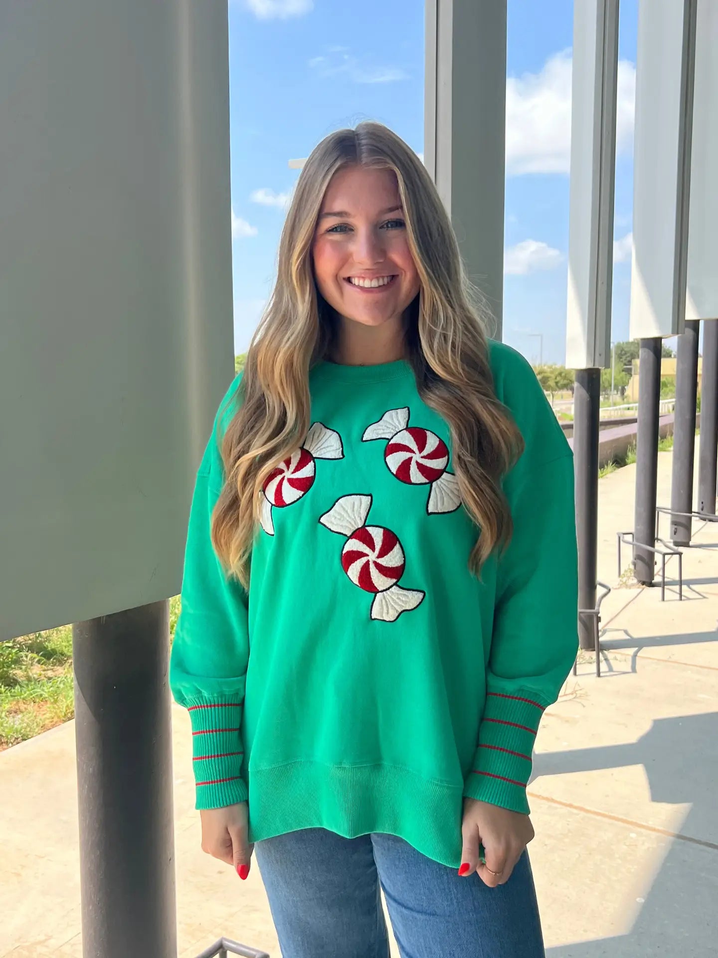 Peppermint Twist Chenille Patch Crewneck Kelly Green