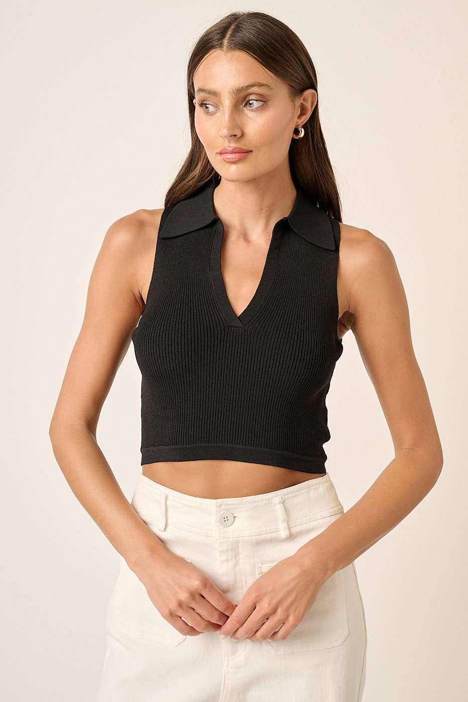 Cropped Polo Sweater Tank Top Black