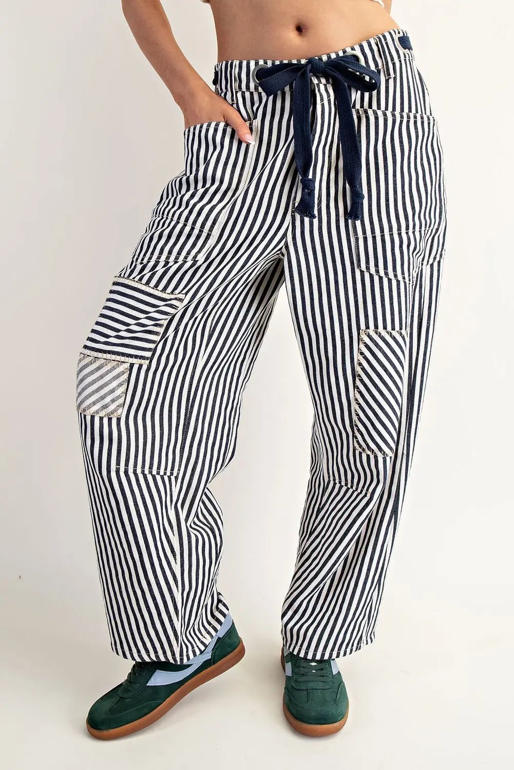 Striped Drawstring Barrel Pants Midnight - Beau Kisses