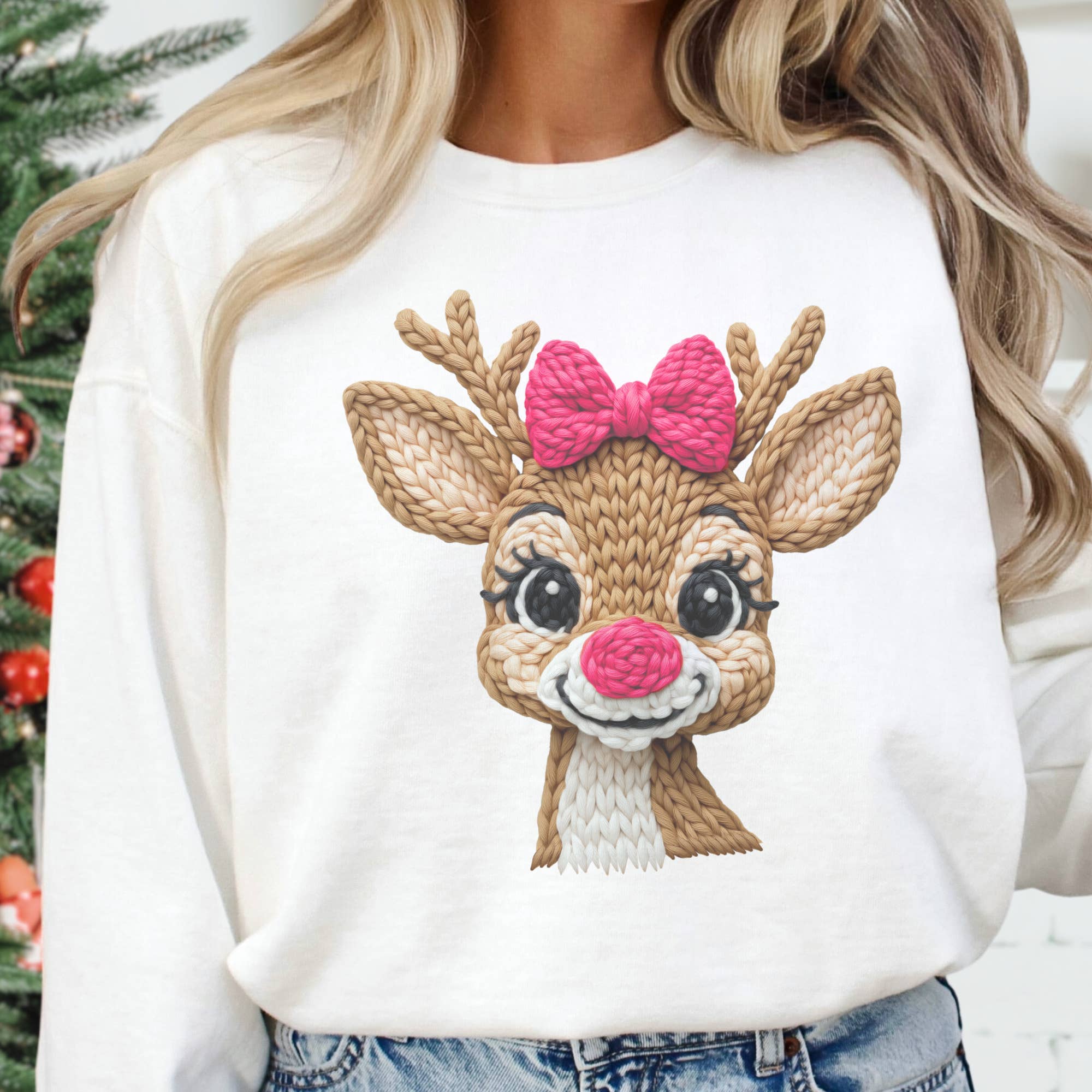 Pink Bow Reindeer Knit Print Sweatshirt White - Beau Kisses