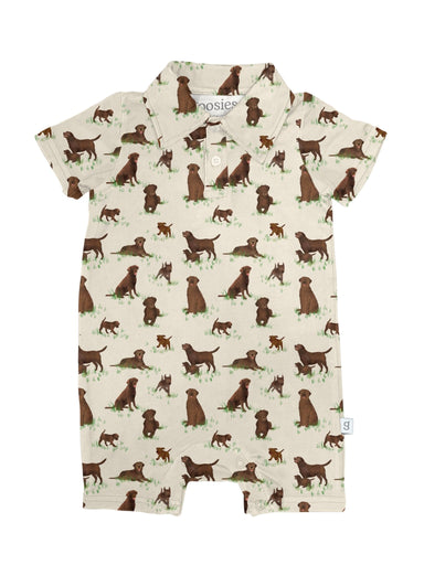 Chocolate Lab Dogs - SS Polo Romper - Beau Kisses