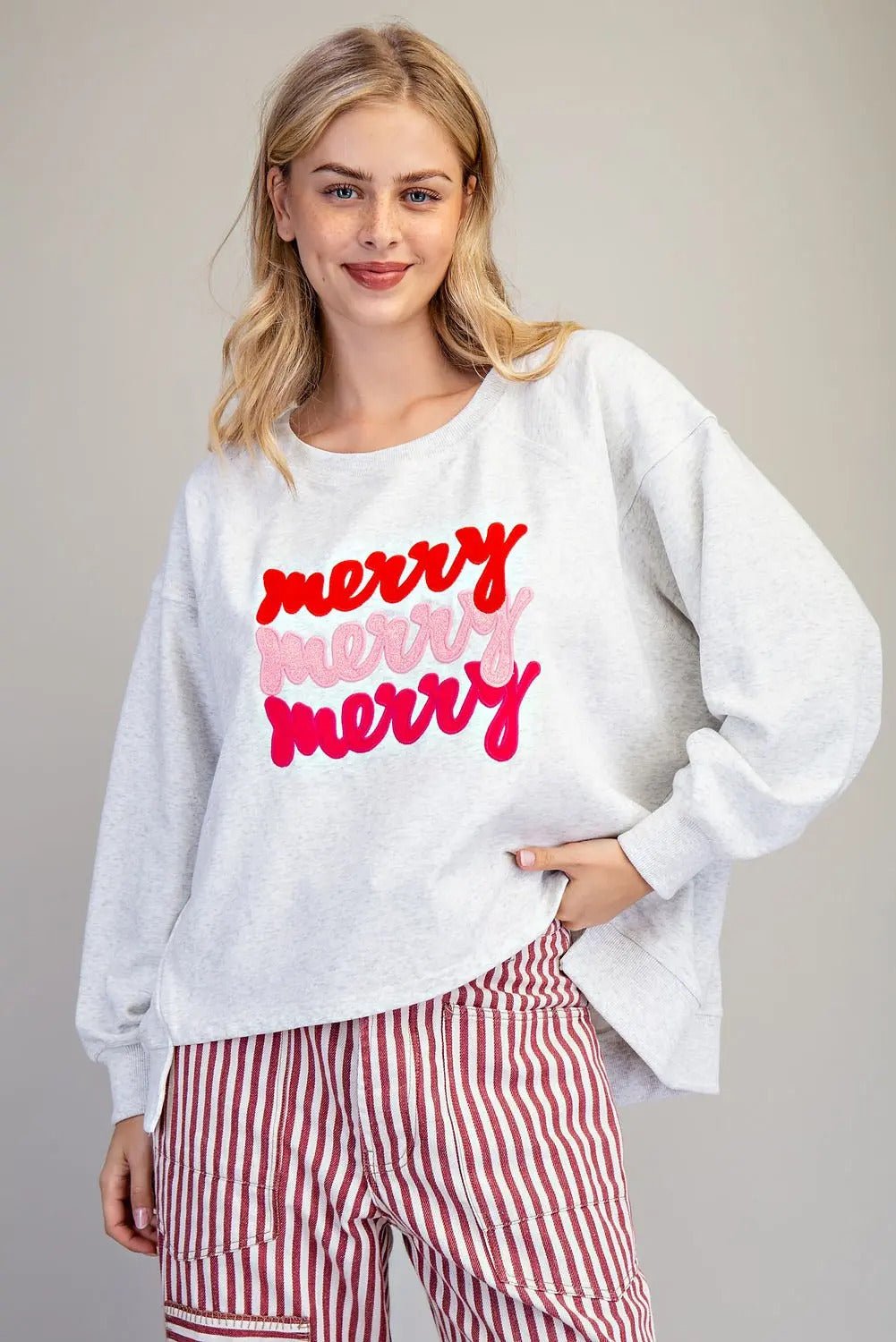 Merry Embroidered High - Low Sweatshirt Twinkle Grey - Beau Kisses