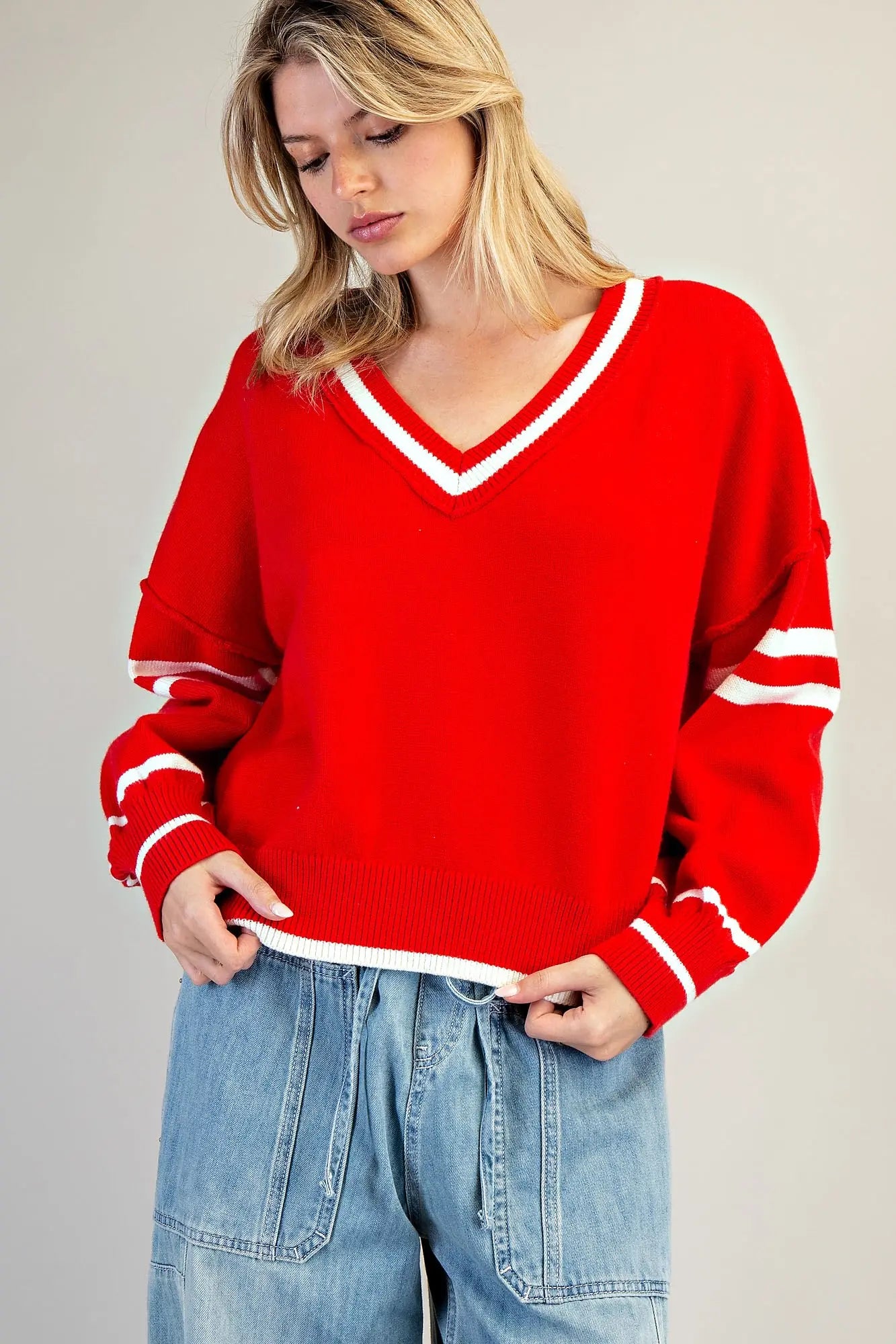 Cozy Striped V - Neck Sweater – Candycane Crush - Beau Kisses