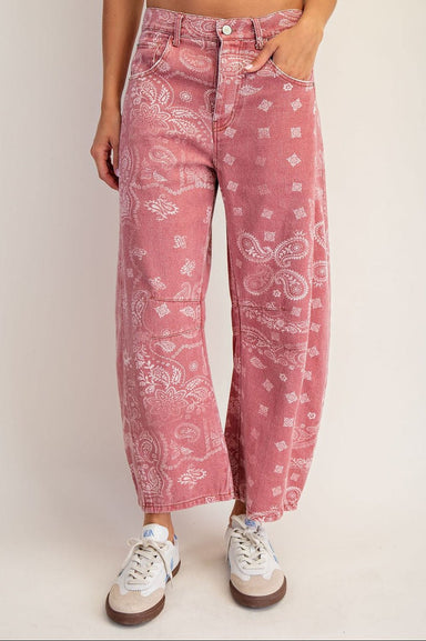 Mineral Washed Paisley Printed Barrel Jeans Dusty Rose Bandana - Beau Kisses