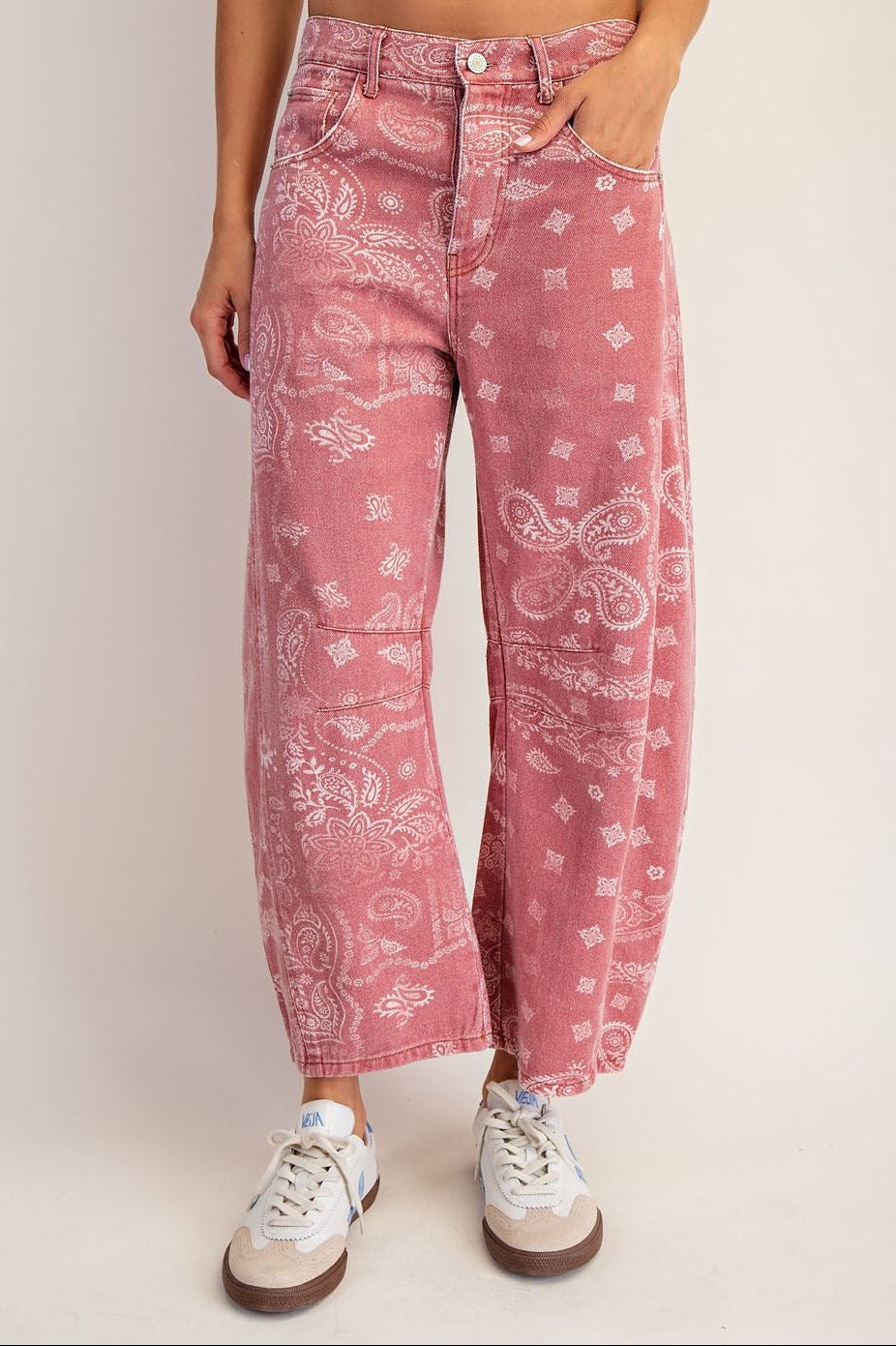 Mineral Washed Paisley Printed Barrel Jeans Dusty Rose Bandana - Beau Kisses