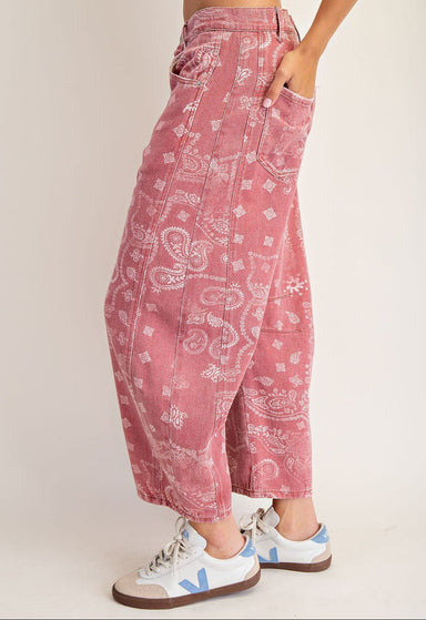 Mineral Washed Paisley Printed Barrel Jeans Dusty Rose Bandana - Beau Kisses