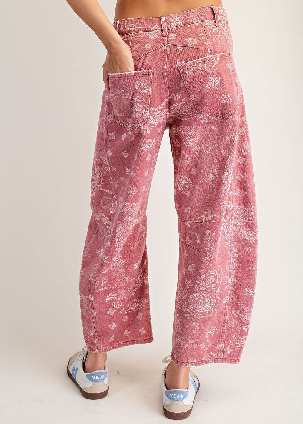Mineral Washed Paisley Printed Barrel Jeans Dusty Rose Bandana - Beau Kisses