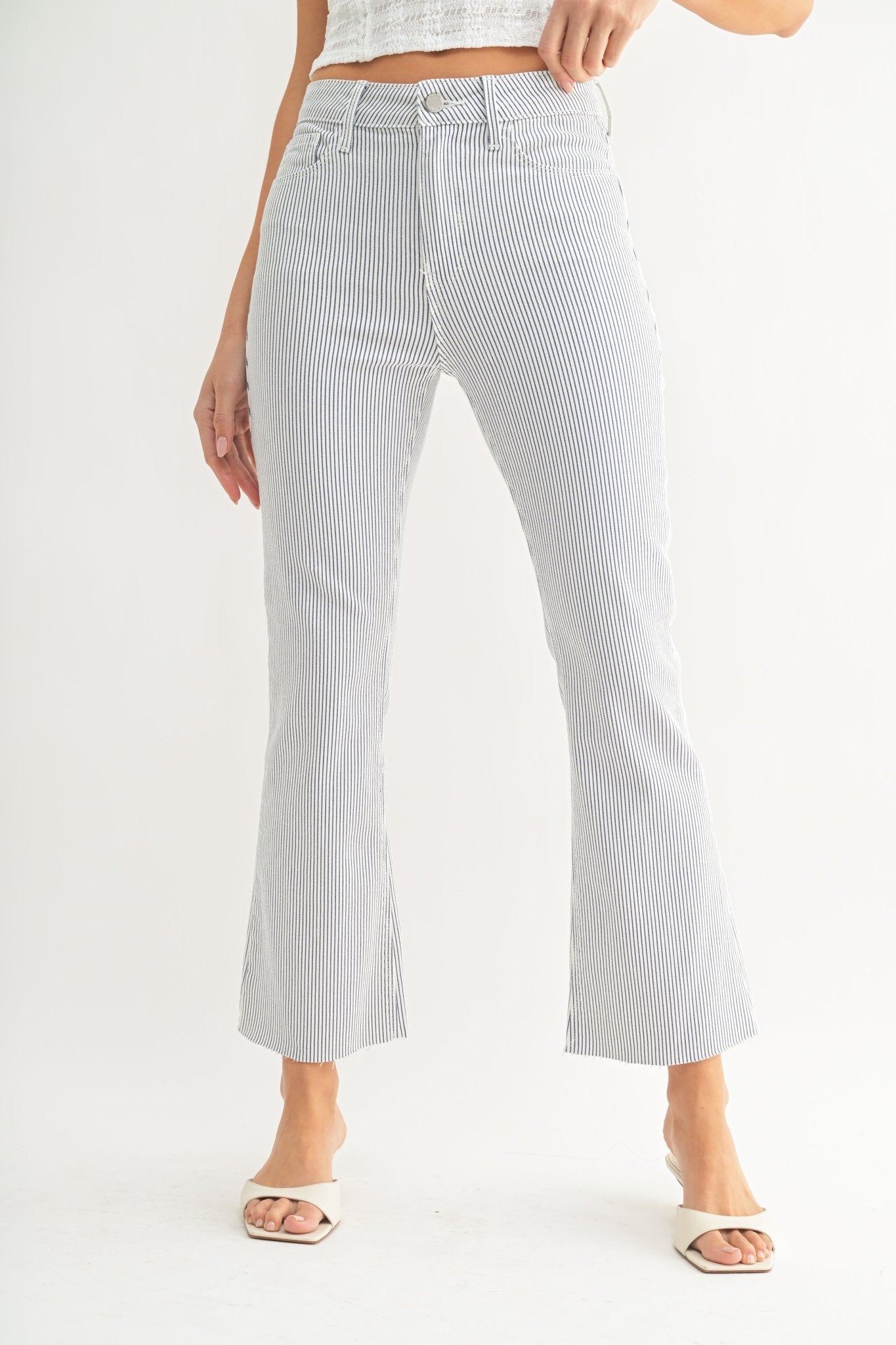 High Rise Tonal Crop Flare Jeans Navy Stripe - Beau Kisses